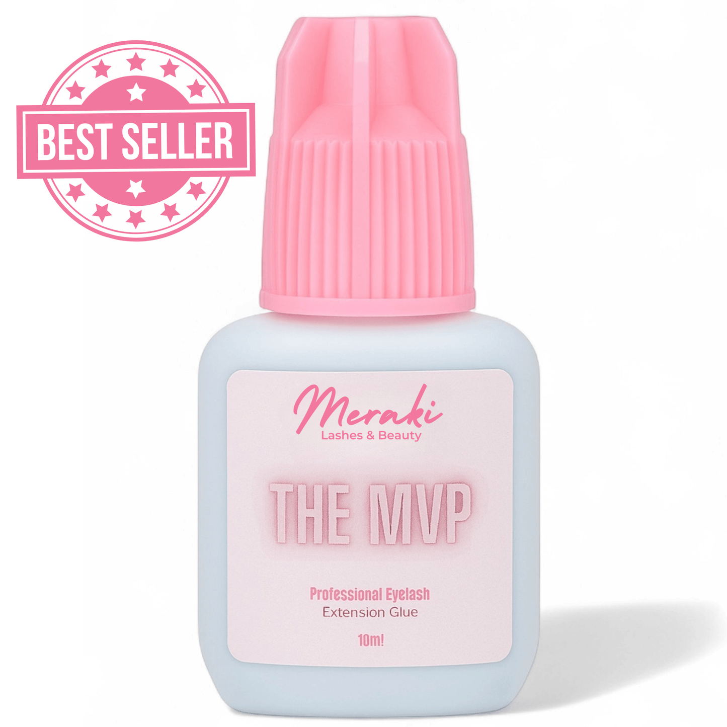 Meraki Lashes & Beauty MVP eyelash extension glue with ‘Best Seller’ badge on pink background.