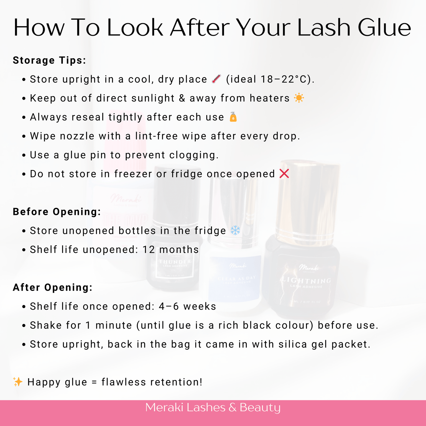 How to look after lash glue guide showing storage, shaking, and after-opening care tips.
