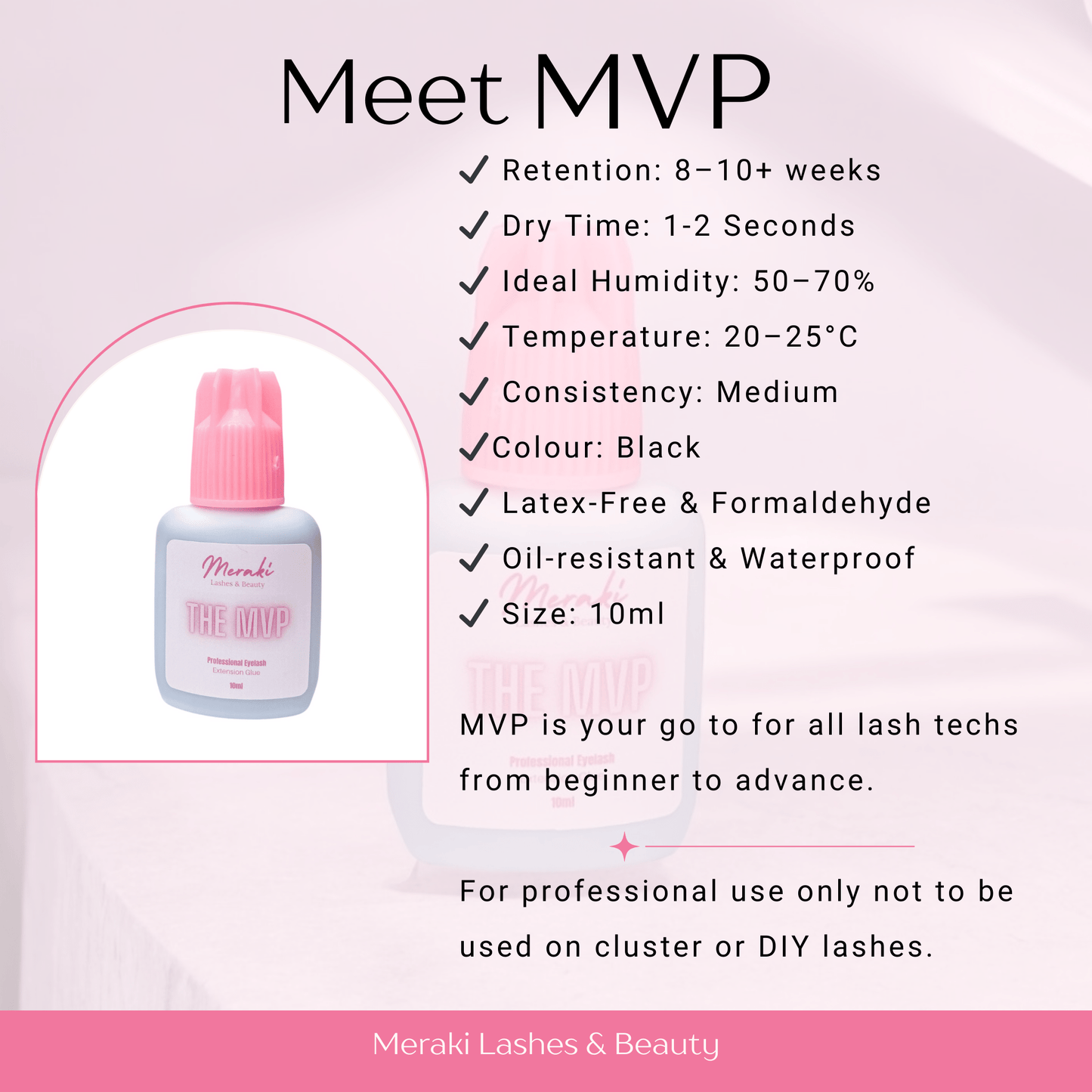 Meet MVP graphic—fast-drying eyelash extension adhesive (0.5–1s, 50–70% humidity), thin black formula