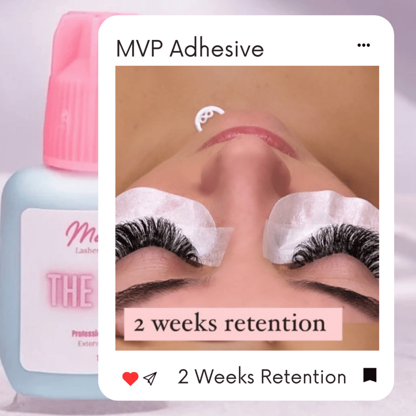 Close-up of model wearing lash extensions with Meraki MVP adhesive bottle; professional salon application.