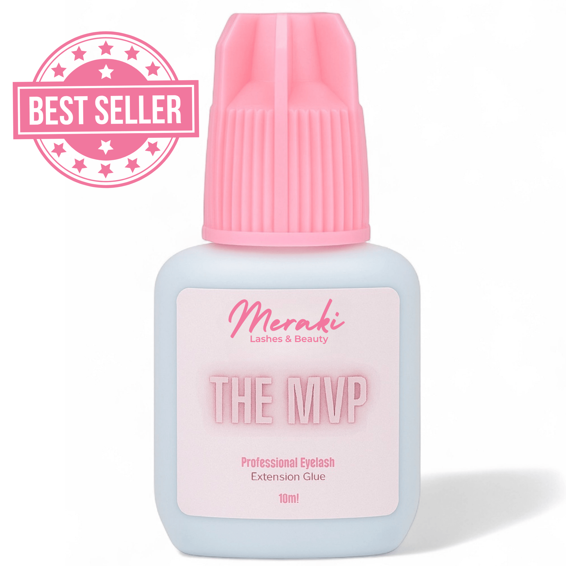 Meraki Lashes & Beauty MVP eyelash extension glue with ‘Best Seller’ badge on pink background.