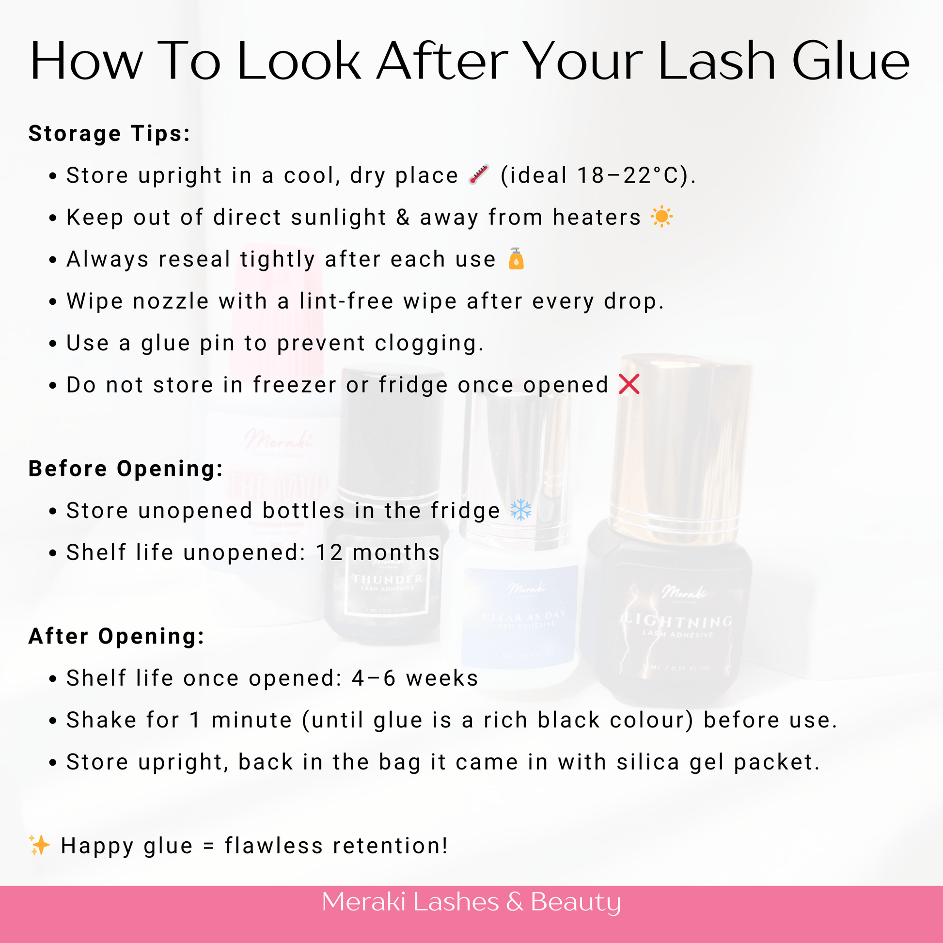 How to look after lash glue guide showing storage, shaking, and after-opening care tips.