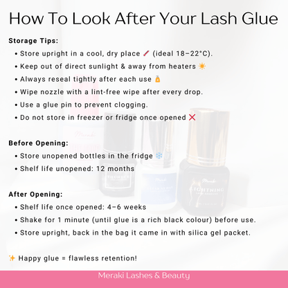How to look after lash glue guide showing storage, shaking, and after-opening care tips.