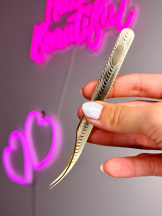 Gold Curved Dolphin Tweezer - Meraki Lashes and Beauty