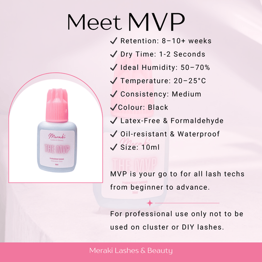 Meet MVP graphic—fast-drying eyelash extension adhesive (0.5–1s, 50–70% humidity), thin black formula